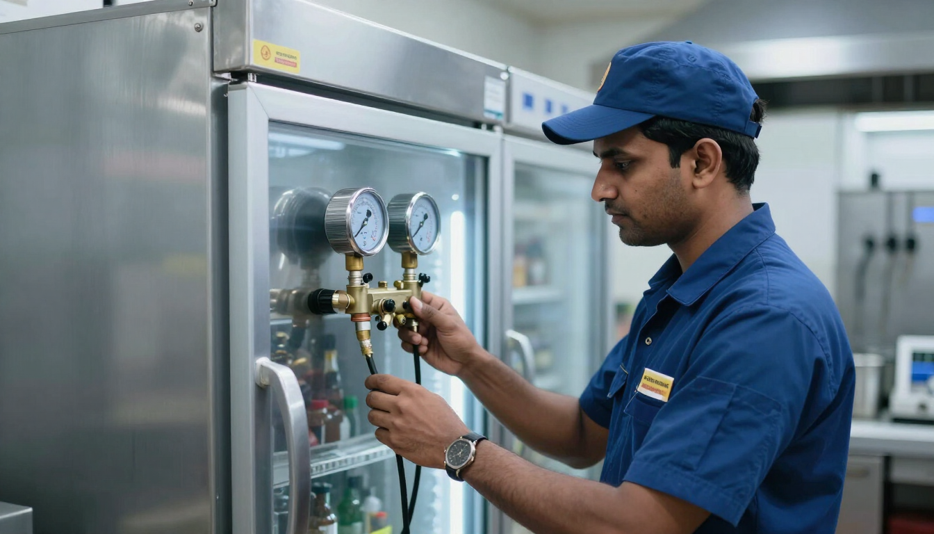 Technician repairing a commercial refrigerator in Noida